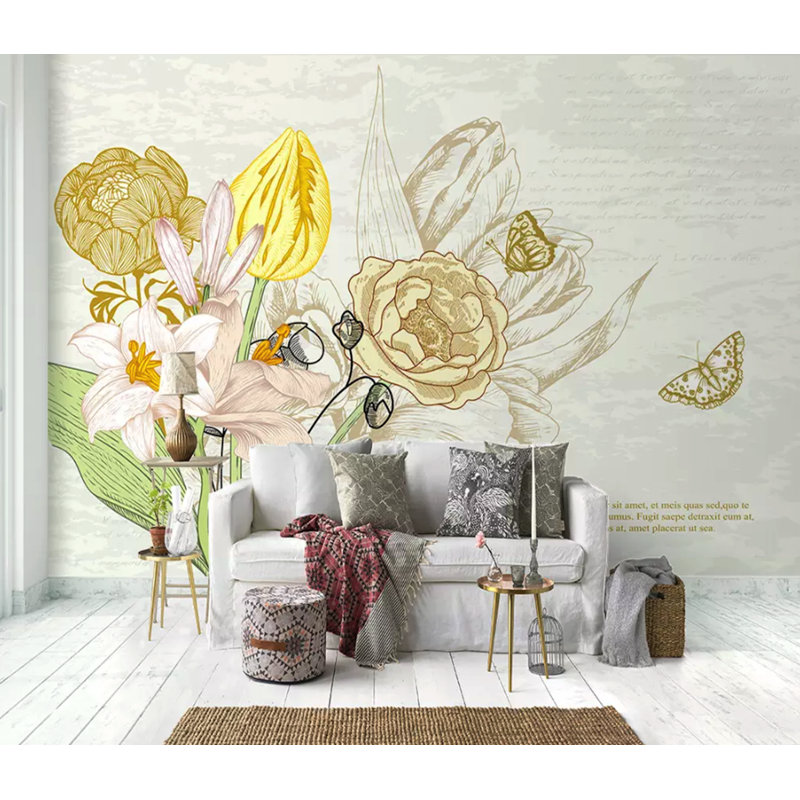 Papier peint amovible avec aquarelle de fleur de lys jaune, L 35,04 po x l 55 po