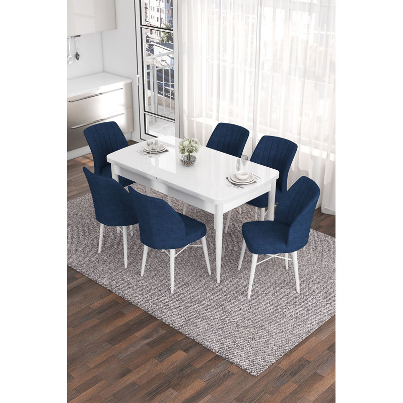 Ensemble de table et chaises de salle à manger extensible Modern (7 pièces), blanc et bleu marine | 100% panneau de fibres à densité moyenne avec pieds en bois, table: 51,9 x 30,7 x 31,0 pouces (ouvert: 66,9 po) | 6 chaises avec tissu Jerry, siège en mousse confortable, parfait pour les réunions de famille
