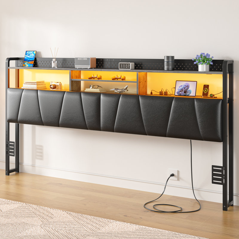 Storage Upholstered PU Headboard With LED Lights & Charging Station, Gray Oak, King