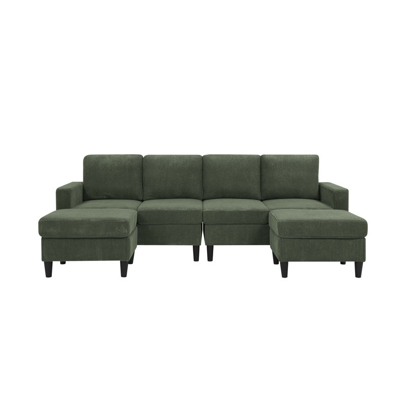 Cordory Upholstered Modular Sectional with 2 Ottomans, Dark Green Corduroy