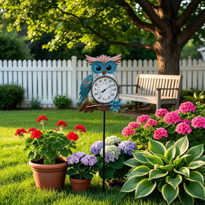Metal Owl Garden Thermometer Stake, Outdoor Decorative Temperature Gauge for Yard, Patio and Lawn