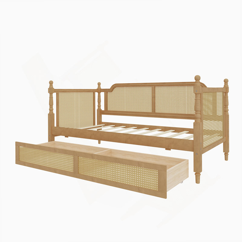Traditional Style Rattan Daybed with 2 Drawers, Twin, Walnut