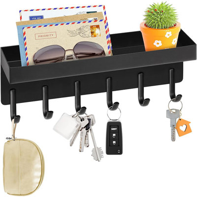Porte-clés mural, porte-clés adhésif compact avec plateau, 6 crochets, 2 options de fixation, noir