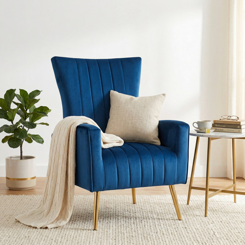 Fauteuil rembourré en velours de 27 po de largeur avec pieds dorés, Tissu bleu