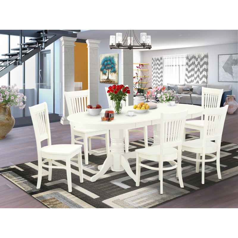 7 Piece Dining Room Table Set Consist of an Oval Kitchen Table with Butterfly Leaf and 6 Dining Chairs, Linen White, 7 Pieces