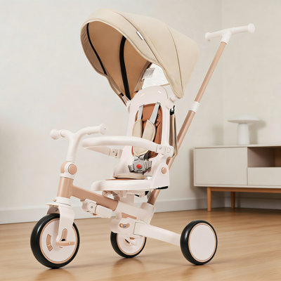 Tricycle pour bébé 7 en 1, tricycle pour tout-petit avec tige de poussée amovible et réglable, vélo de poussée pour tout-petit avec pédale amovible, auvent et garde-corps, tricycle pour 18 à 72 mois, ivoire et brun