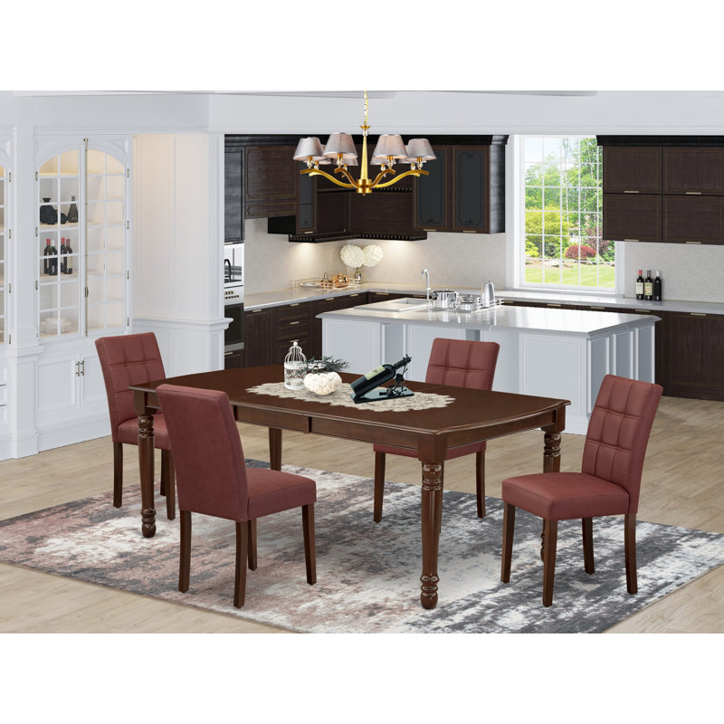 5 Piece Dining Room Table Set Includes A Kitchen Table and 4 Burgundy Polyester Fabric Padded Chairs, Mahogany, Mahogany