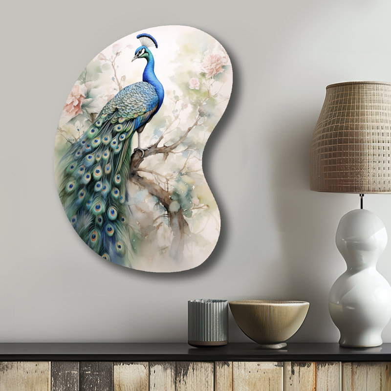 «Blue Ink Wash Peacock II» - art mural en métal asymétrique, reproduction de sculpture murale, H 31 po x l 22 po
