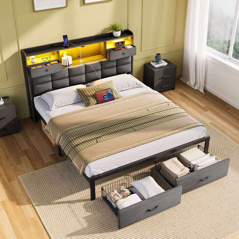 Bed Frame with Drawers and Headboard, Upholstered Storage Bed with Charging Station and LED Lights, Full/Double, Black