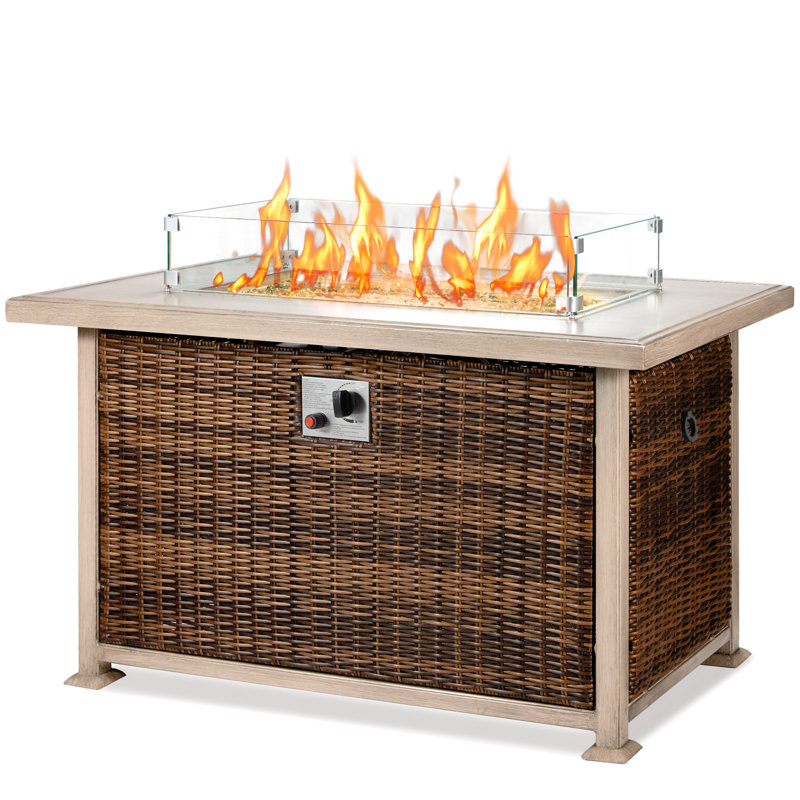Table d'extérieur pour foyer d'extérieur au propane en rotin pour patio extérieur, Brun, H 24,8 po x l 44,1 po x P 26,7 po