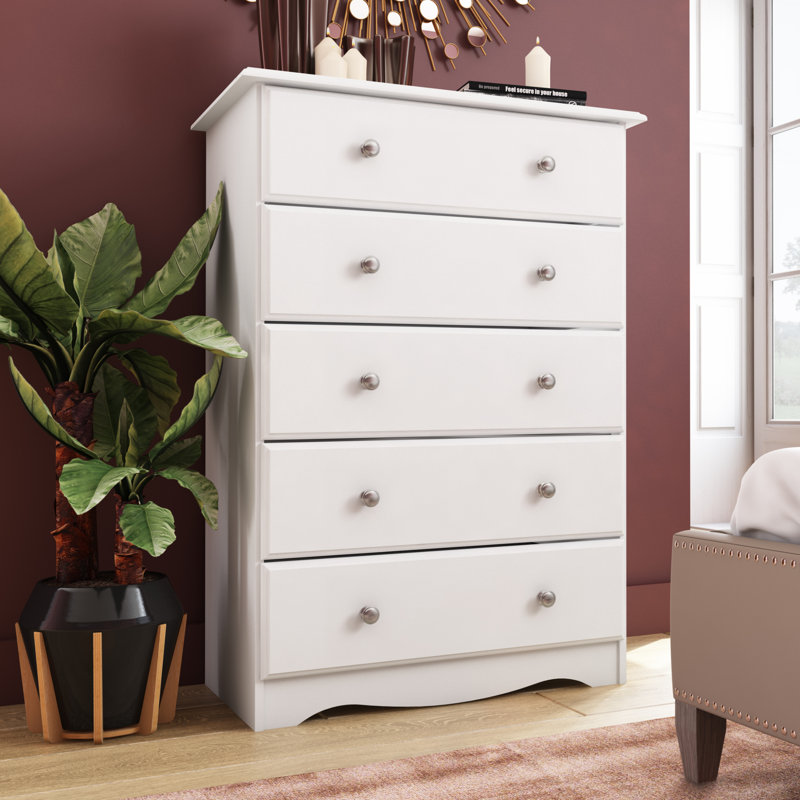 Commode 5 tiroirs 100% bois massif avec boutons en métal, White