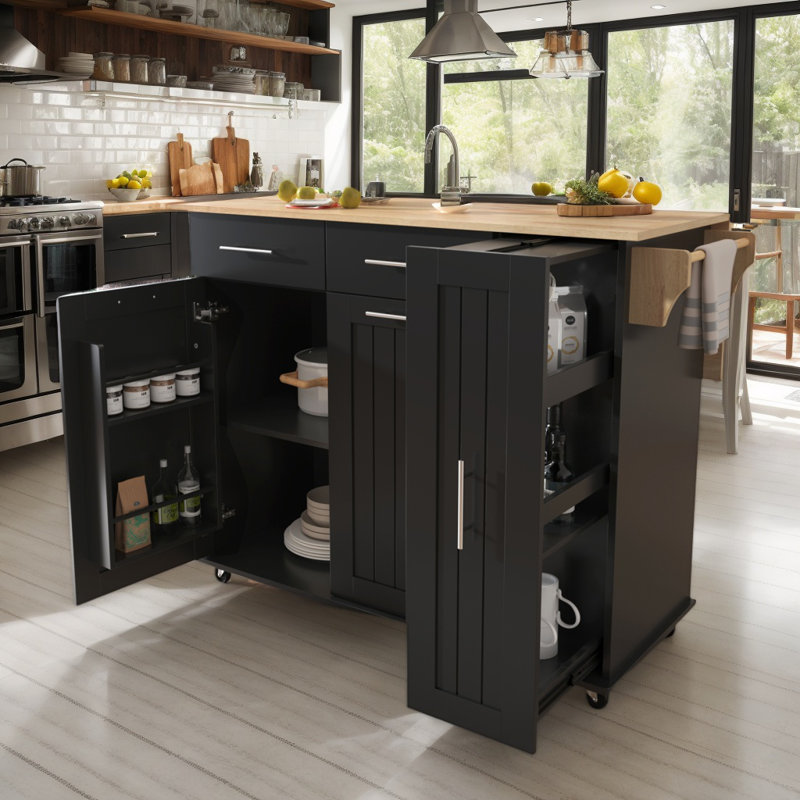 46" Kitchen Island  With 3 Tier Pull Out Cabinet Organizer, Rolling Kitchen Cart With Drop Leaf,  Kitchen Storage Cart With Towel Rack, 2 Drawers And 1 Cabinet, Black