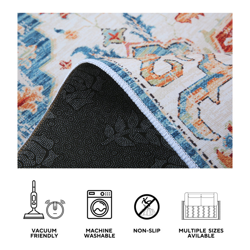 8X10 Modern Distressed Heriz Machine Washable Area Rug with Built-in Padding and Non-Slip Backing, Runner 2'6" x 8'