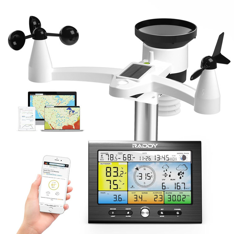 Raddy WF-100SE Weather Station Wireless Wi-Fi Indoor Outdoor with Temperature, Barometric, Humidity, Wind Gauge, Rain Gauge, Weather Forecast, Moon