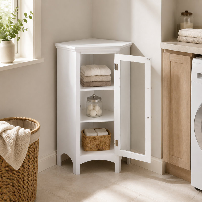 Allare Corner Floor Cabinet, 2 Adjustable Shelves, Glass Door, 32in Freestanding White Storage Cabinet for Bathroom and Living Room Storage