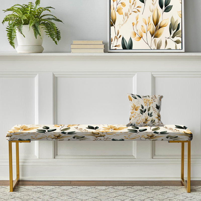 Vintage Leaves - Plants Upholstered Gold Bench, Green/Yellow