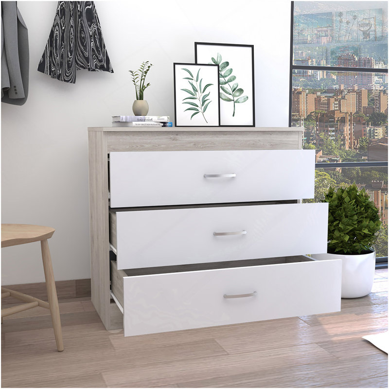 Dresser 29"H, Three Drawers, Metal Hardware, Superior Top, Light Grey / White