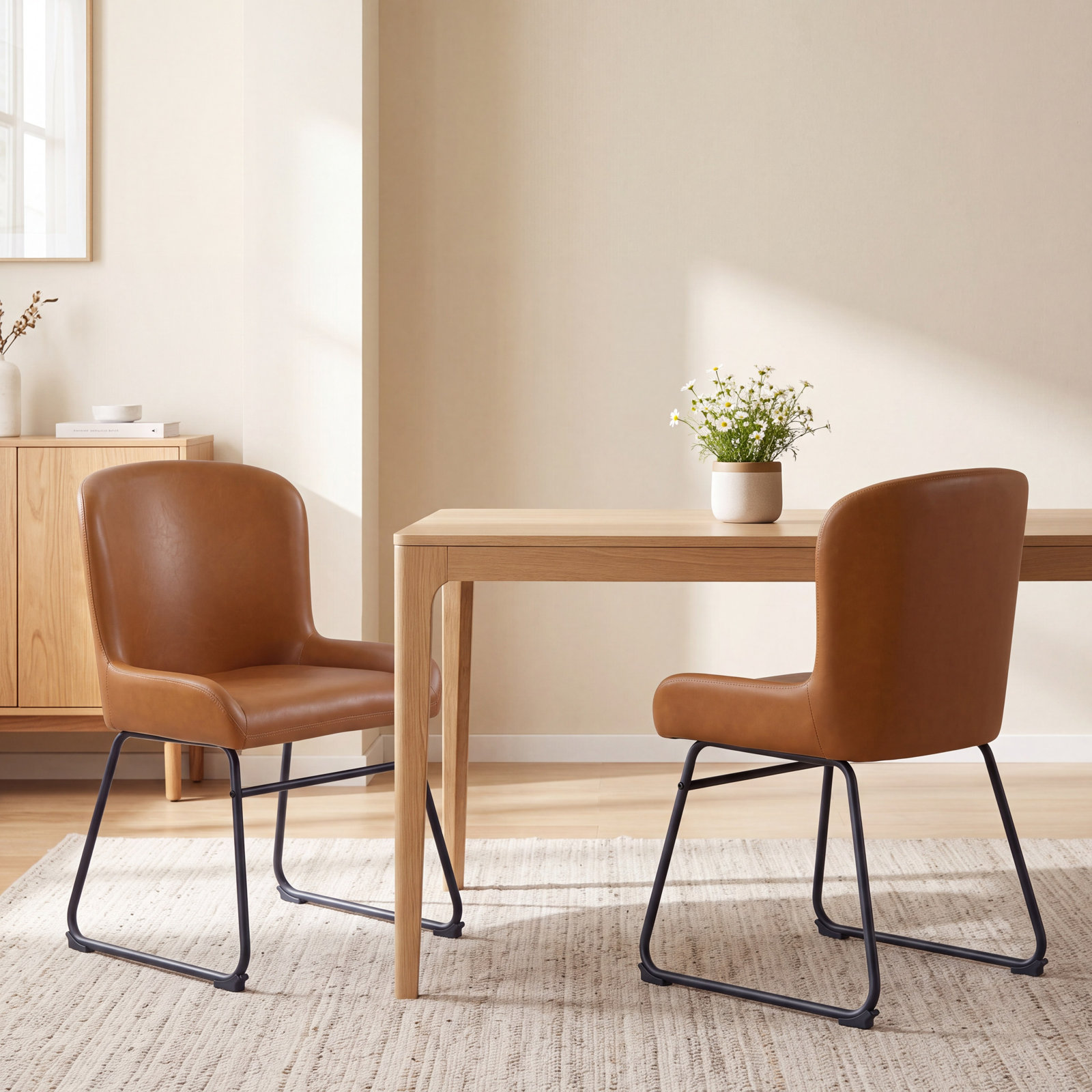 Set of 2 Modern Upholstered Faux Leather Dining Chairs with Black Metal Frame Kitchen Side Chairs for Dining Room & Living Room