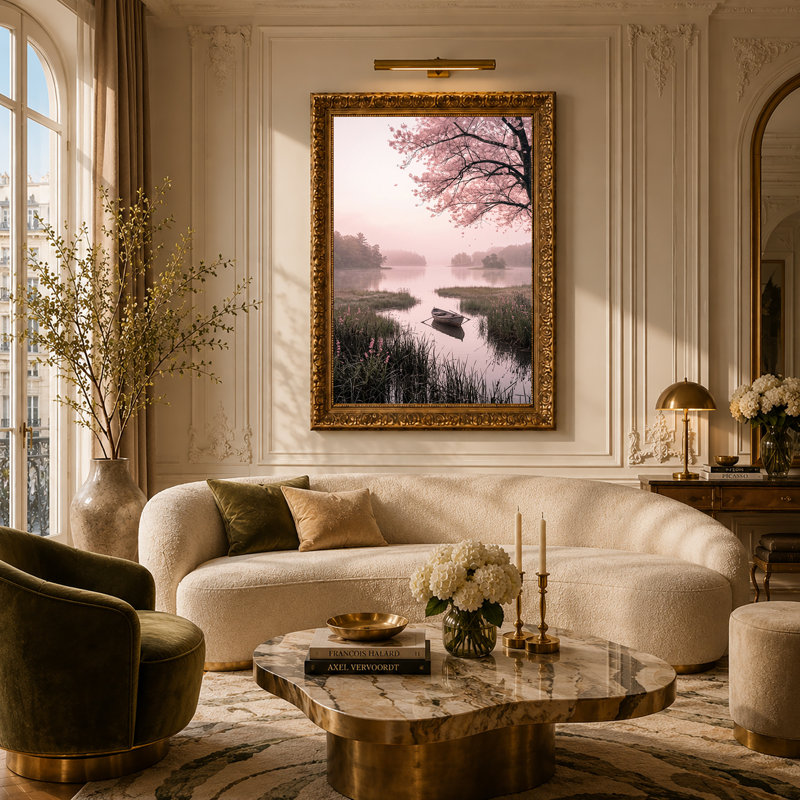 Art mural sur toile en forme de cerisier rose sur une barque en bois sur un lac brumeux, 30"H x 20"W