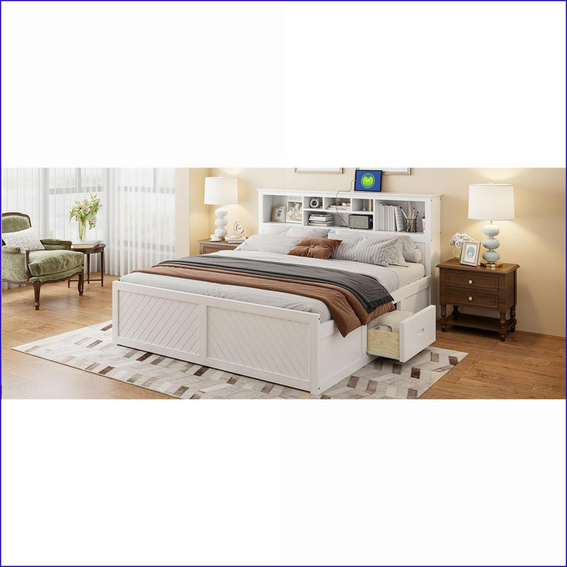 Très grand lit plateforme en bois de pin avec tête de lit et rangement Ports USB, blanc - aucun sommier nécessaire pour la chambre principale