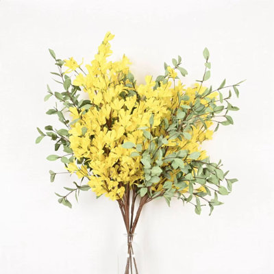 36" Artificial Forsythia Floral Arrangement For Vase Filler, Farmhouse Spring Summer Greenery Eucalyptus Branch Long Stem Floral Bulk Bouquet For Wedding Party Home Office Table Centerpiece Shelf Decorations