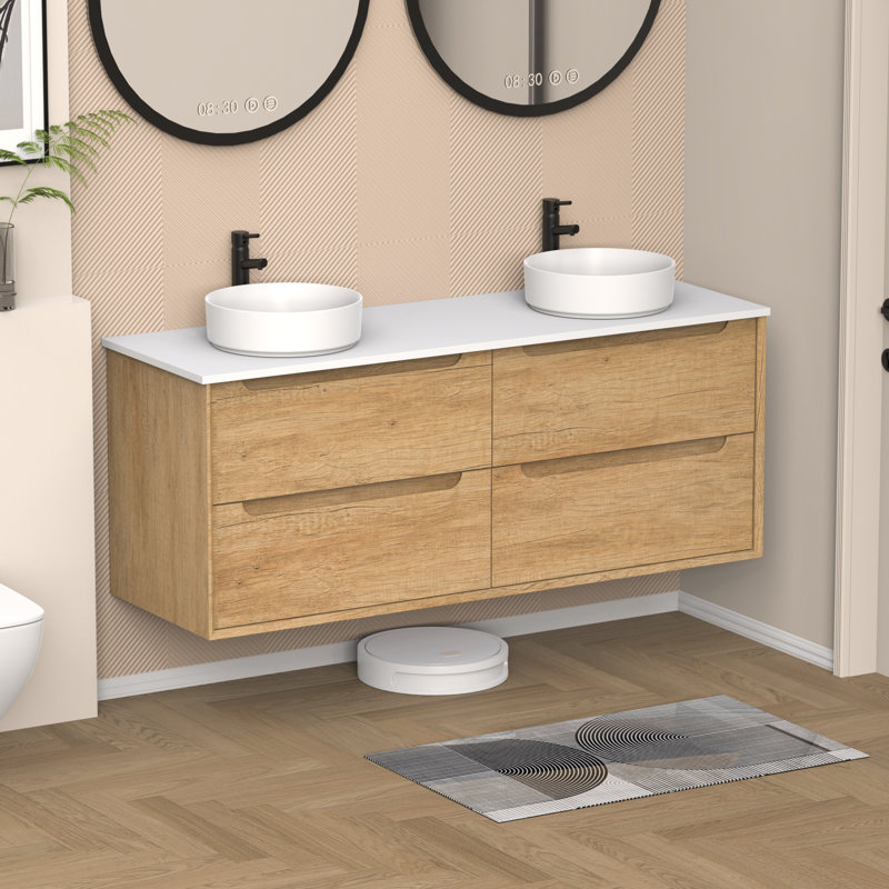 Dessus de meuble-lavabo blanc en pierre de quartz 60 po avec double vasque ronde en céramique