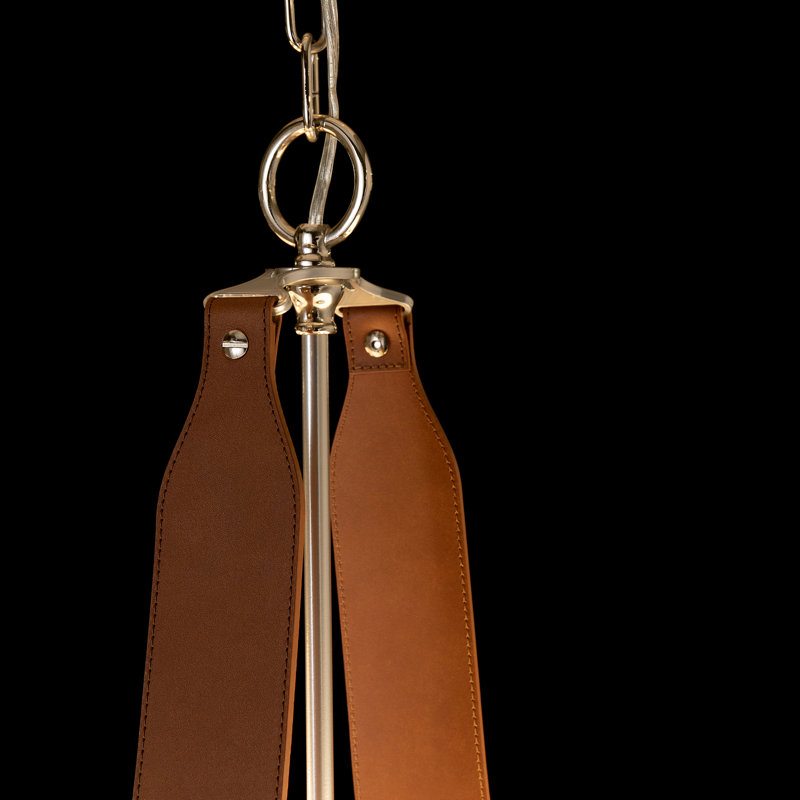 Saratoga 4 - Light Kitchen Island Linear Pendant, Flax Shade, Polished Nickel, Chestnut Leather