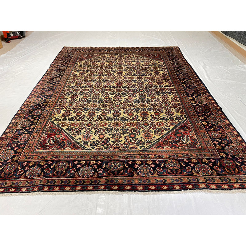 Tapis unique ivoire / bleu marine en laine noué à la main de conception unique 7 pi 10 po x 10 pi 11 po