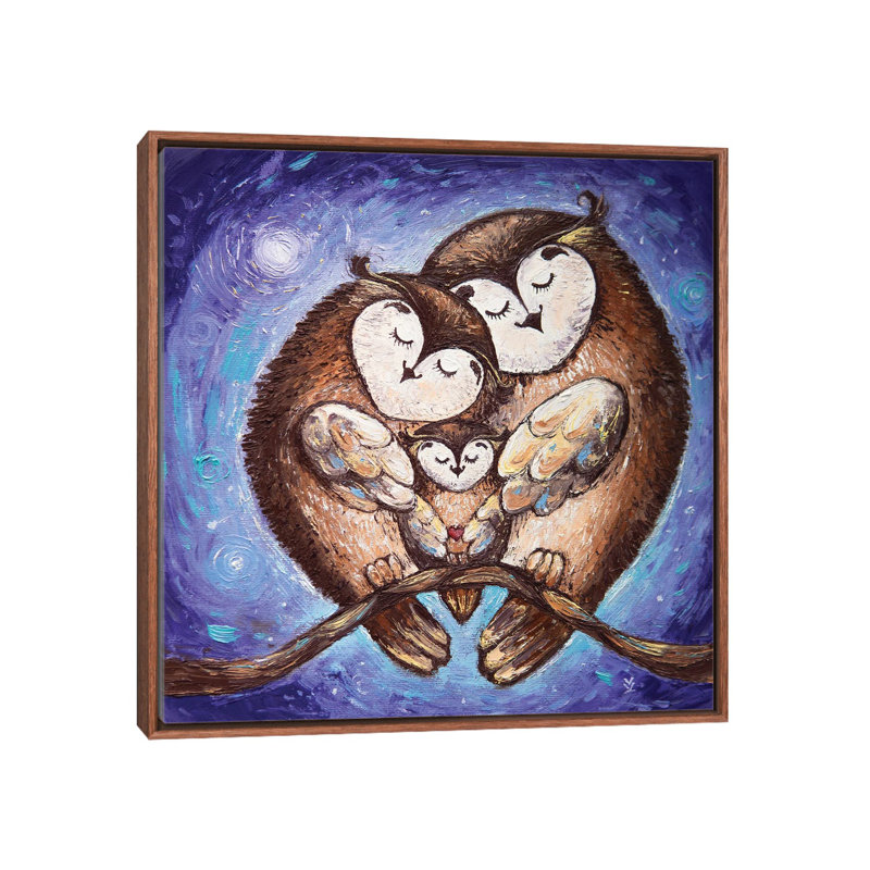 Owl Family 1 Piece Painting on Canvas, 45.72 cm H x 45.72 cm W, Brown Framed