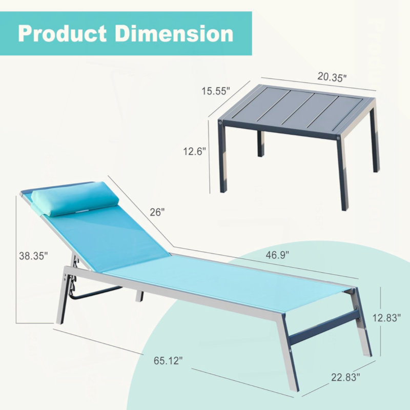Patio Chaise Lounge Set Of 3, Aluminum Lounge Chairs With 5 Adjustable Positions, Outdoor Chaise Lounge For Pool, Deck, Garden, Backyard, Sunbathing ( Lounge Chairs+1 Table)