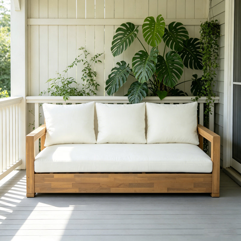 Delvyn 3-Seater Modern Coastal Acacia Wood Outdoor Low Seating Lounge Sofa Daybed with Thick Cushions for Poolside, Deck, Backyard