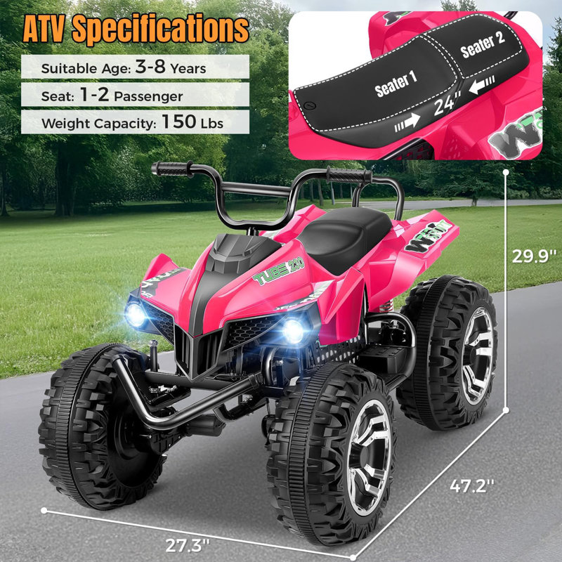 ATV 24 roues pour enfants, 4 roues, 2 roues 4 roues motrices, véhicule tout-terrain à 4 roues avec lumière DEL, corps en métal, musique, USB, suspension à ressort, véhicule électrique pour véhicule tout-terrain
