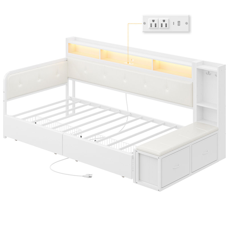 Twin Daybed With Storage Bench & 2 Drawers & Charging Station, Corner Bed Frame With  Bookcase Headboard, Platform Bedframe For Bedroom, Guest Room