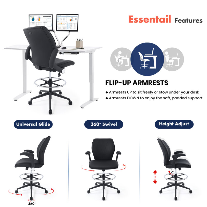Ergonomic Mid-back Faux Leather Adjustable Drafting Chair With Filp Up Arms And Foot Ring, Standing-desk Matched Tall Swivel Rolling Computer Office Stool, Black