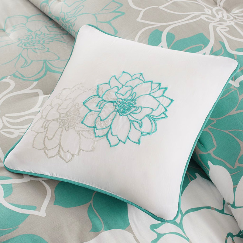 Literie King en coton imprimé - Garnissage, 3 oreillers texturés, jupe de lit à motif floral, couette 200 fils/cm², grands coussins décoratifs à motif floral