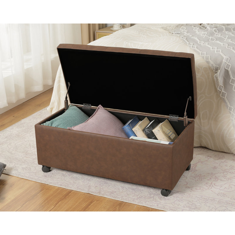 Repose-pieds rectangulaire avec rangement en similicuir 35,4 po avec roulettes, Chocolat / Brun