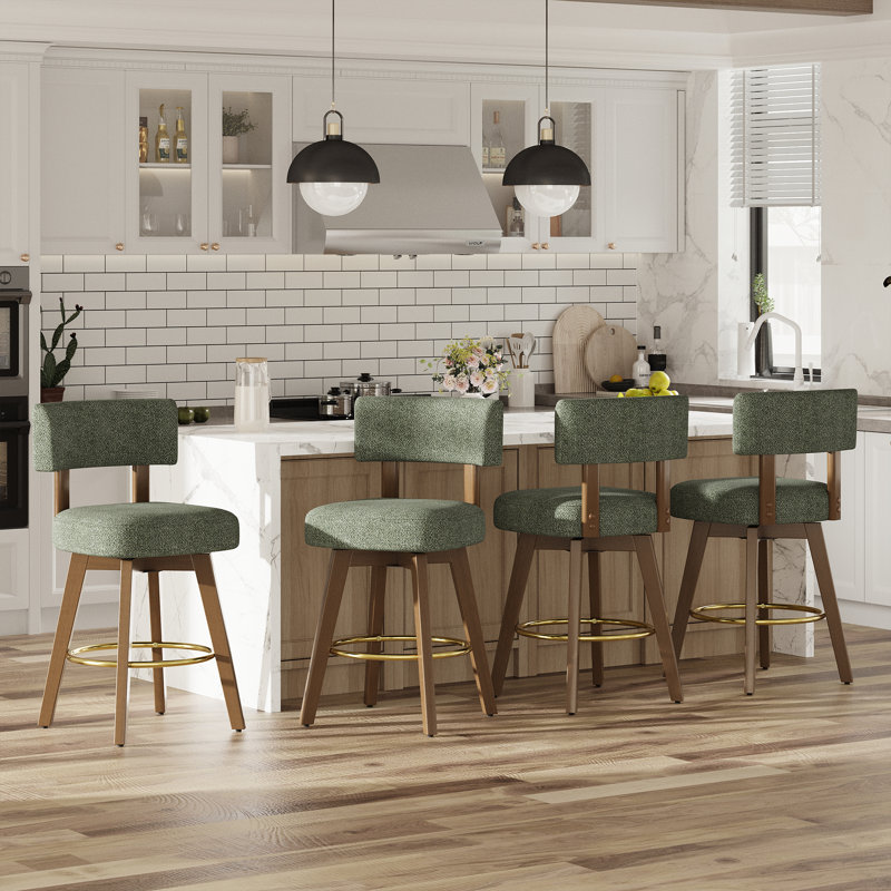 Tabouret de bar pivotant rembourré avec structure en bois massif et repose-pieds plaqué or, Vert