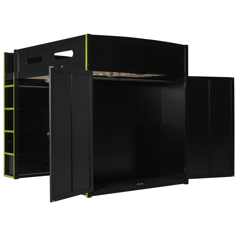 Lit mezzanine double avec station de jeu, station de charge, éclairage et tablettes au-dessus de l'espace de jeu, port, rangement pour garde-robe ouverte