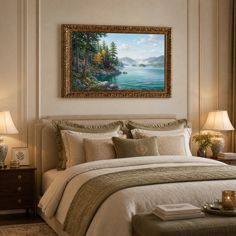 Tableau sur toile représentant une forêt et un lac bleu avec des montagnes brumeuses, H 16 po x l 24 po