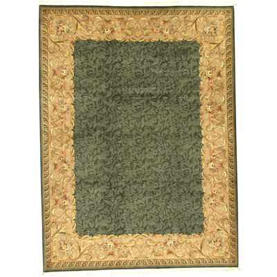 Hand Knotted Wool Area Rug in Green And Cream