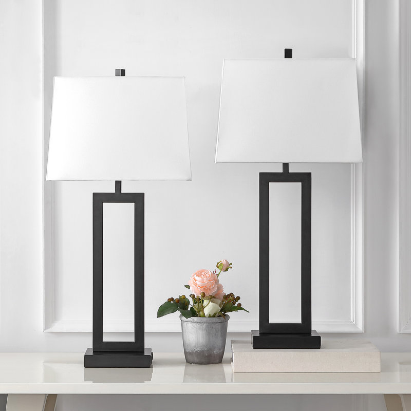 Rogina 28.5" Black Metal Table Lamp Set with USB Type-C Ports and Built-in Outlet, White, Black