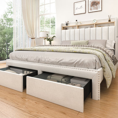 LED Bed Frame with 2 Drawers Pockets and Upholstered Wingback Headboard