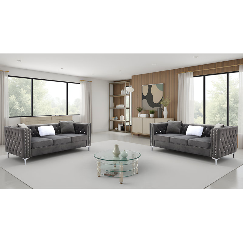 Lyon Velvet Gray Sofa Set Of 2, Gray