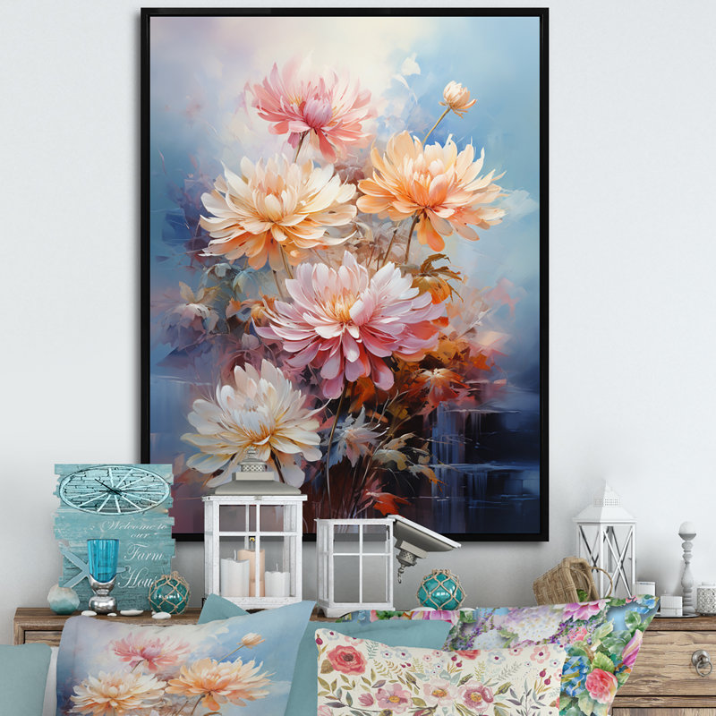 Impression romantique Yohance pêche rose, H 20 po x l 12 po x P 1 po, Cadre flottant noir