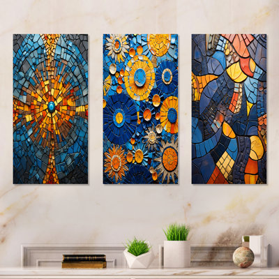 Yellow And Blue Mosaic Tiles II - Abstract Collages Metal Wall Decor Set Of 3