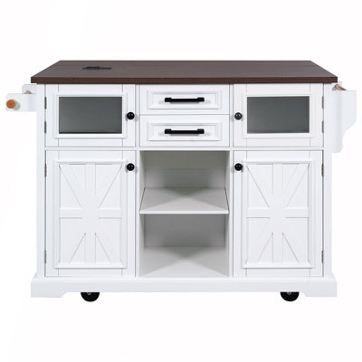 54.9 Inch Kitchen Island with Drop Leaf, Power Outlet, and Ample Storage for Modern Farmhouse Kitchens