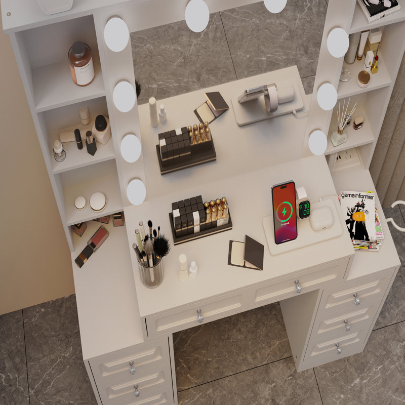 Bureau de coiffeuse avec miroir et lumières, table de coiffeuse avec miroir éclairé et station de charge, 
Commode de meuble-lavabo