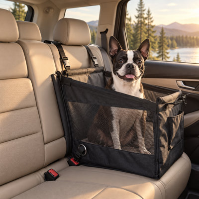 Siège d'auto portable en maille pour chien – Lit de voyage pliable pour animaux de compagnie de 49 cm (19,3 po) avec ancrage pour ceinture de sécurité, attache pour harnais et housse imperméable et lavable, convient aux sièges avant et arrière pour chiens et chats de petite et moyenne taille (noir/gris)