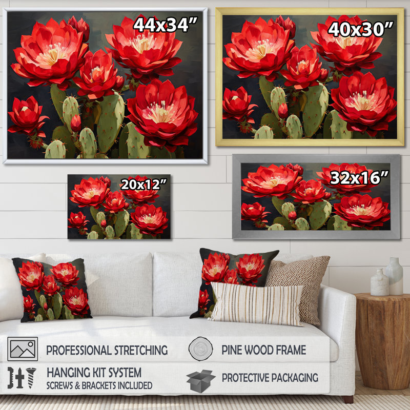 " Cactus Burgundy Bloom ", 12" H x 20" W x 1" D, Black Single Picture Framed