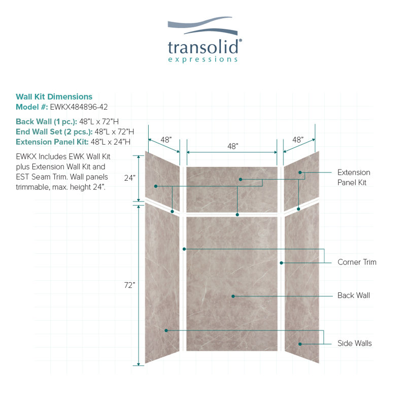Expressions 6 Panel Shower Wall, Dover Stone, 96" H x 48" W x 48" D